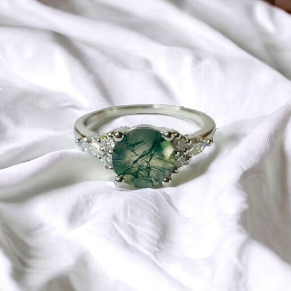 Unbranded Jewelry - 10k White Gold Moss Agate & Diamond Ring Size 6.5 Round Cut Engagement Ring 2.4g